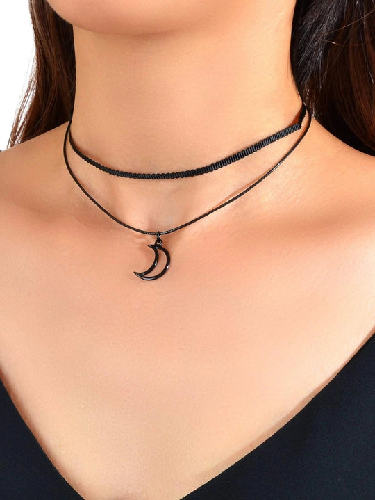 Gothic Black Pu Leather Double layer Chain Moon Star Charm Punk 90s Tattoo Choker Feelontop Jewellery