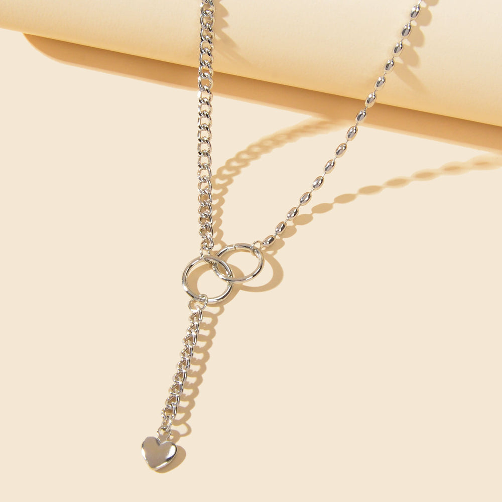 Trendy Accessories Silver Chain Circle Heart Pendant Y shape Clavicle Necklace Feelontop Jewellery