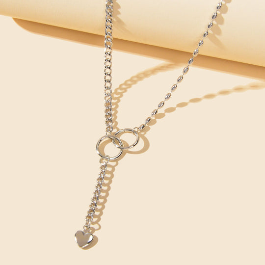 Trendy Accessories Silver Chain Circle Heart Pendant Y shape Clavicle Necklace Feelontop Jewellery