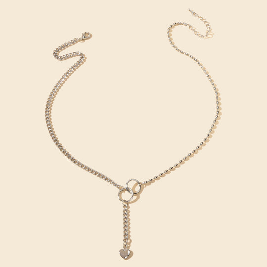 Trendy Accessories Silver Chain Circle Heart Pendant Y shape Clavicle Necklace Feelontop Jewellery