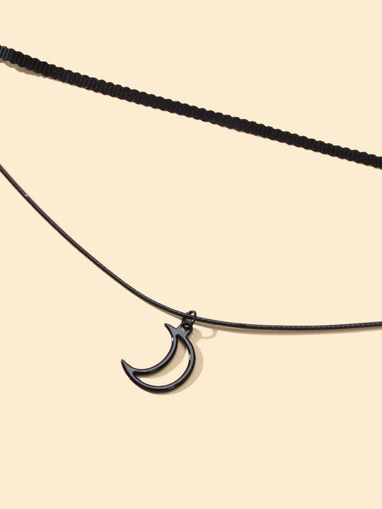 Gothic Black Pu Leather Double layer Chain Moon Star Charm Punk 90s Tattoo Choker Feelontop Jewellery