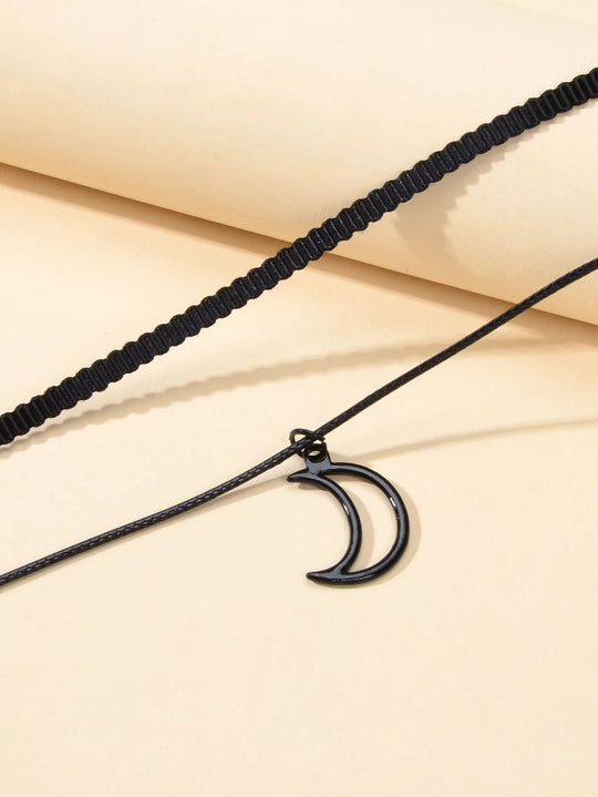 Gothic Black Pu Leather Double layer Chain Moon Star Charm Punk 90s Tattoo Choker Feelontop Jewellery