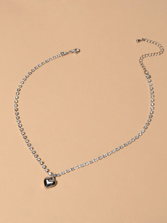 Luxurious Jewellery Full Rhinestone Decor Shining Silver Chain Heart Necklace Feelontop Jewellery
