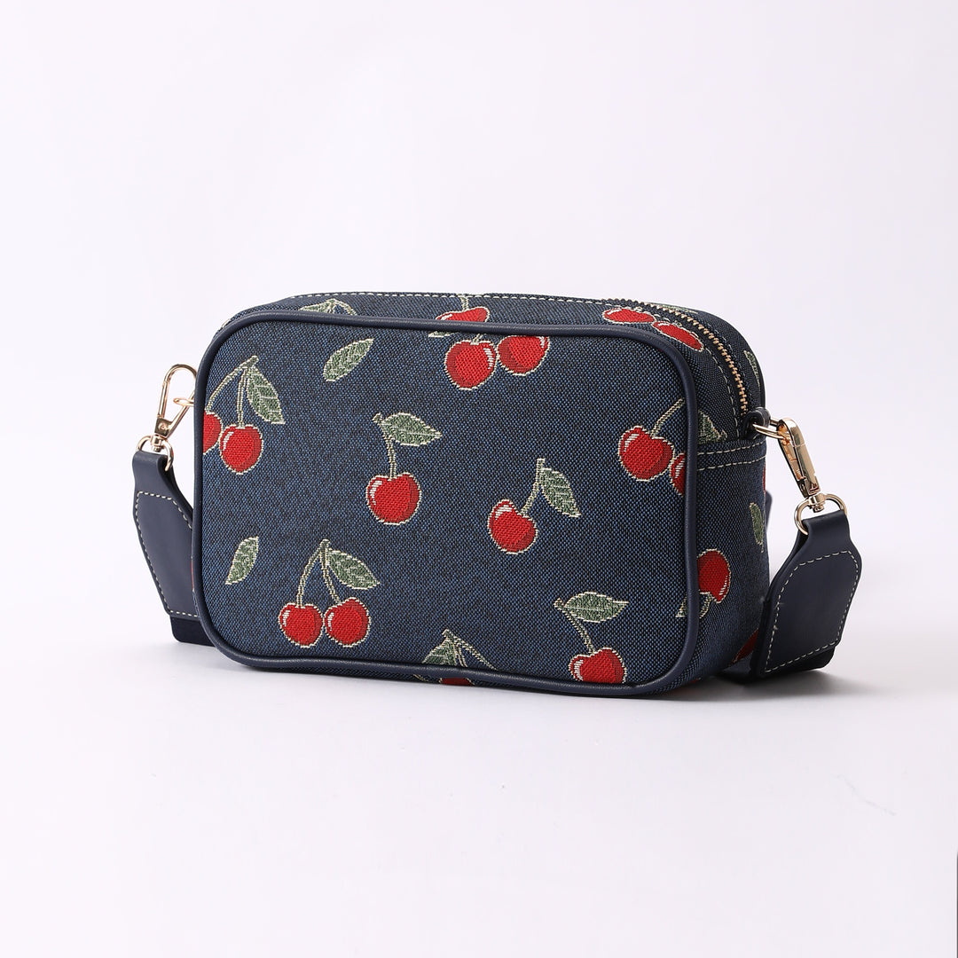 Signare London - Cherry Camera Crossbody Bag on Blue Backdrop Signare Tapestry
