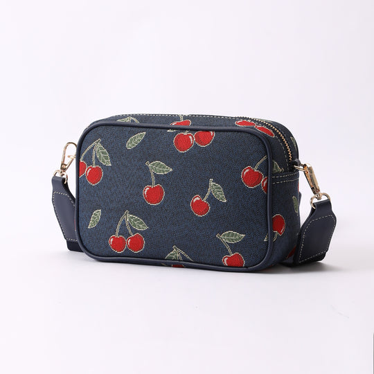 Signare London - Cherry Camera Crossbody Bag on Blue Backdrop Signare Tapestry