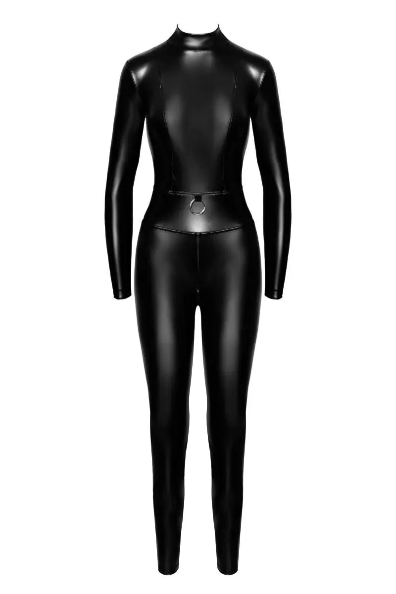 F319 Powerwetlook Catsuit mit Reißverschluss und Ring - 3XL Noir Handmade