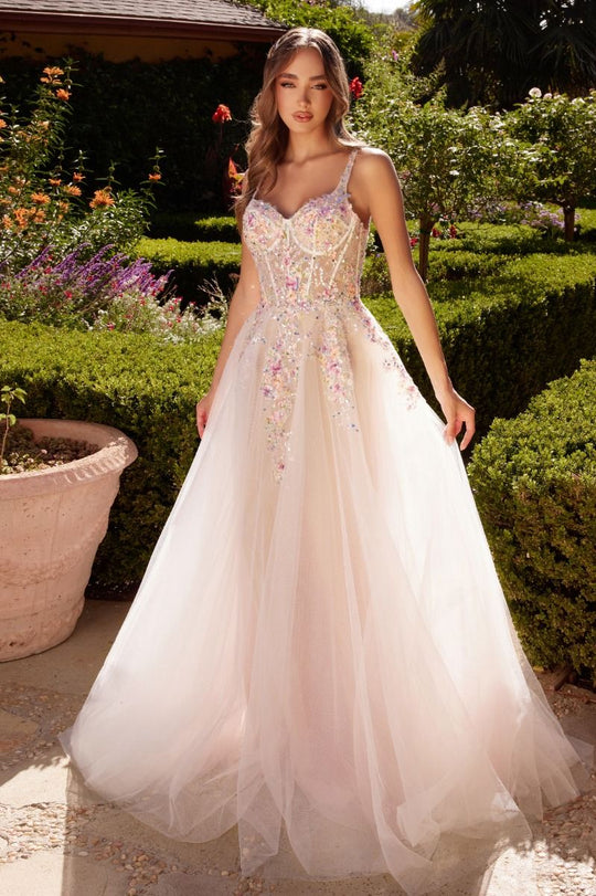 White A-Line Dress With Multi Colored Floral Embellishment Tux-USA