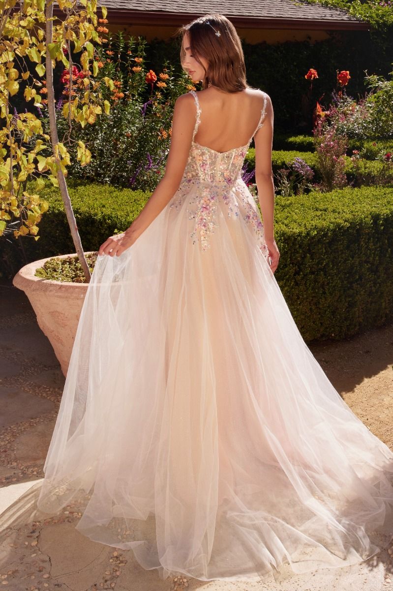 White A-Line Dress With Multi Colored Floral Embellishment Tux-USA