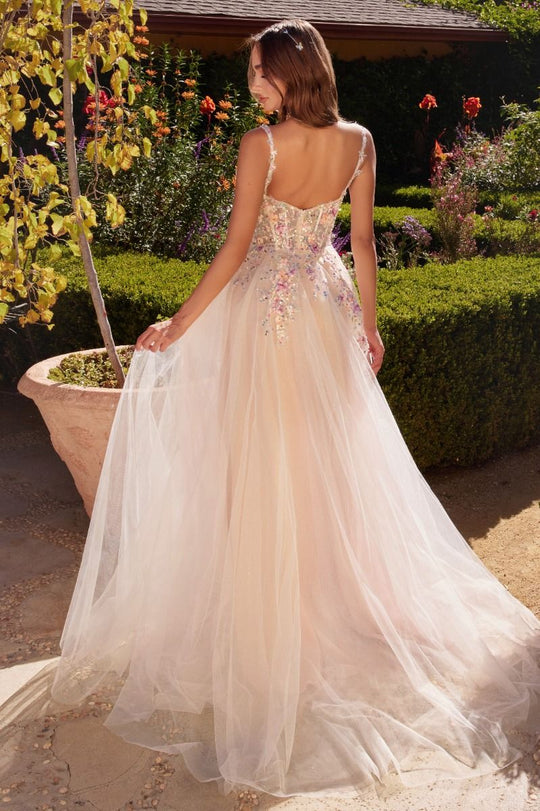 White A-Line Dress With Multi Colored Floral Embellishment Tux-USA