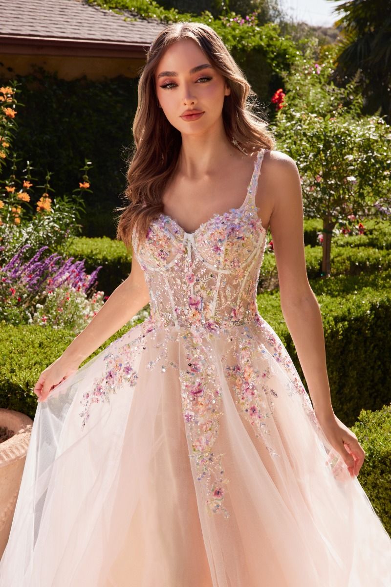 White A-Line Dress With Multi Colored Floral Embellishment Tux-USA