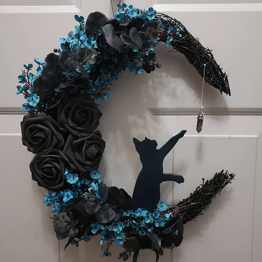 Gothic Cat Moon Wreath Halloween Door Decor TM