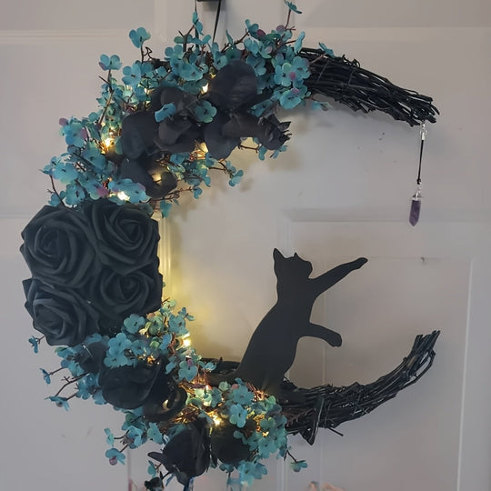 Gothic Cat Moon Wreath Halloween Door Decor TM