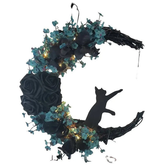 Gothic Cat Moon Wreath Halloween Door Decor TM