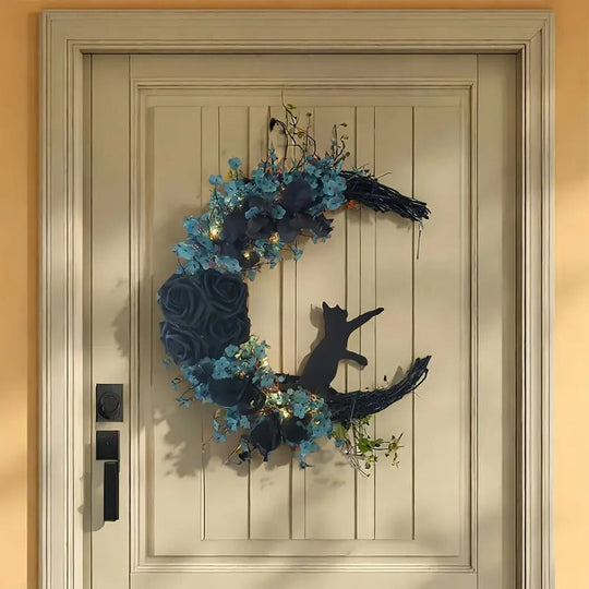 Gothic Cat Moon Wreath Halloween Door Decor TM