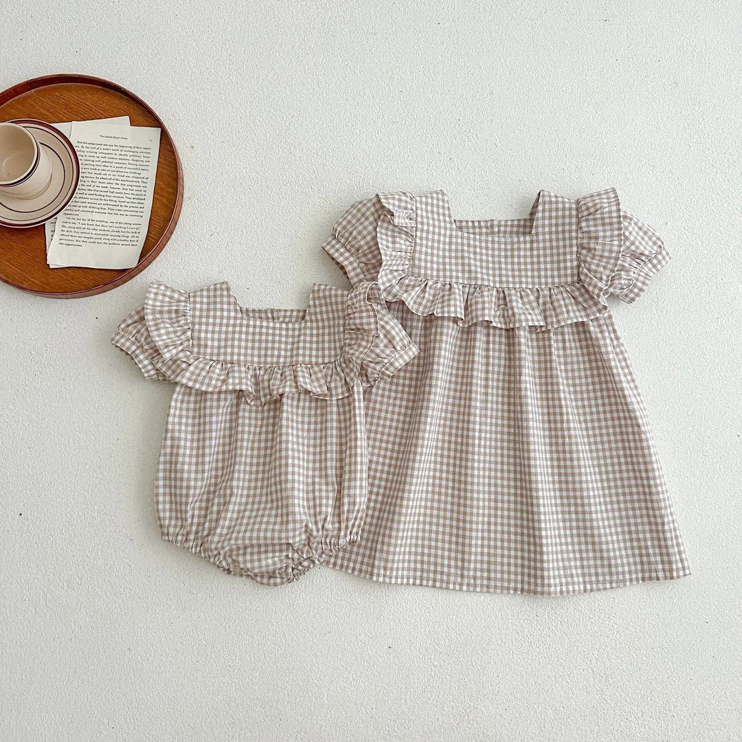 Baby Plaid Pattern Square Neck Puff Sleeves bodysuit & Dress MyKids-USA