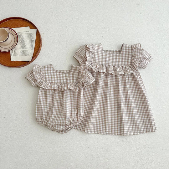Baby Plaid Pattern Square Neck Puff Sleeves bodysuit & Dress MyKids-USA