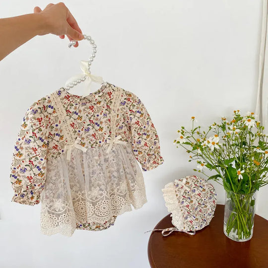 Spring/Autumn Baby Girls Floral And Fruits Print Lace Mesh Princess bodysuit Dress MyKids-USA