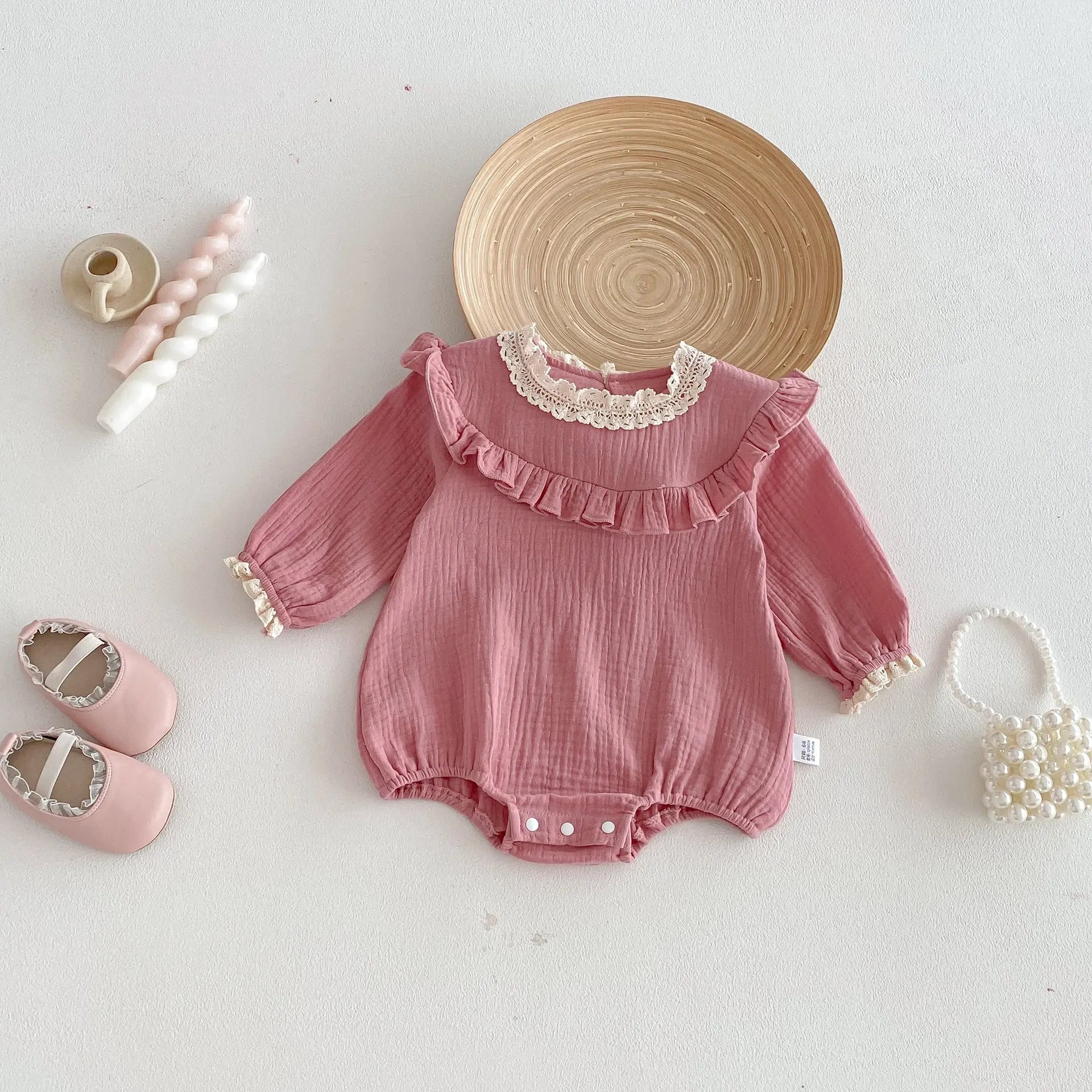 Spring Arrival Baby Girls Long Sleeves Pink Lace Trim Bodysuit MyKids-USA