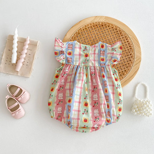 Summer Arrival Baby Girls Rabbits Print Plaid Fly Sleeves Crew Neck bodysuit MyKids-USA