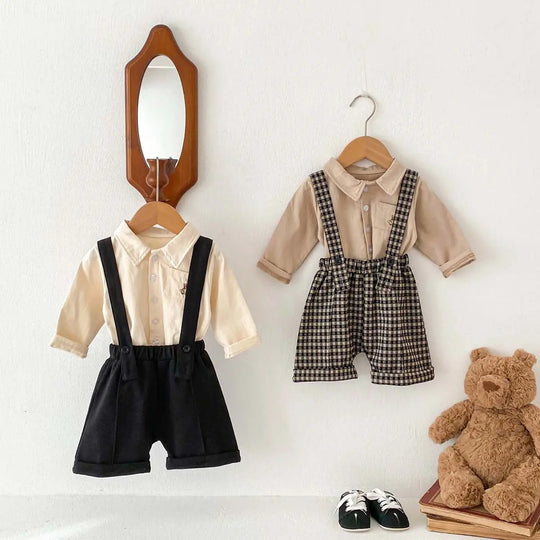 Spring Baby Kids Unisex Plain Long Sleeves Base Shirt And Overalls Clothing Set MyKids-USA