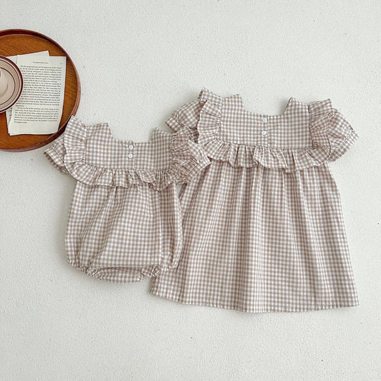 Baby Plaid Pattern Square Neck Puff Sleeves bodysuit & Dress MyKids-USA