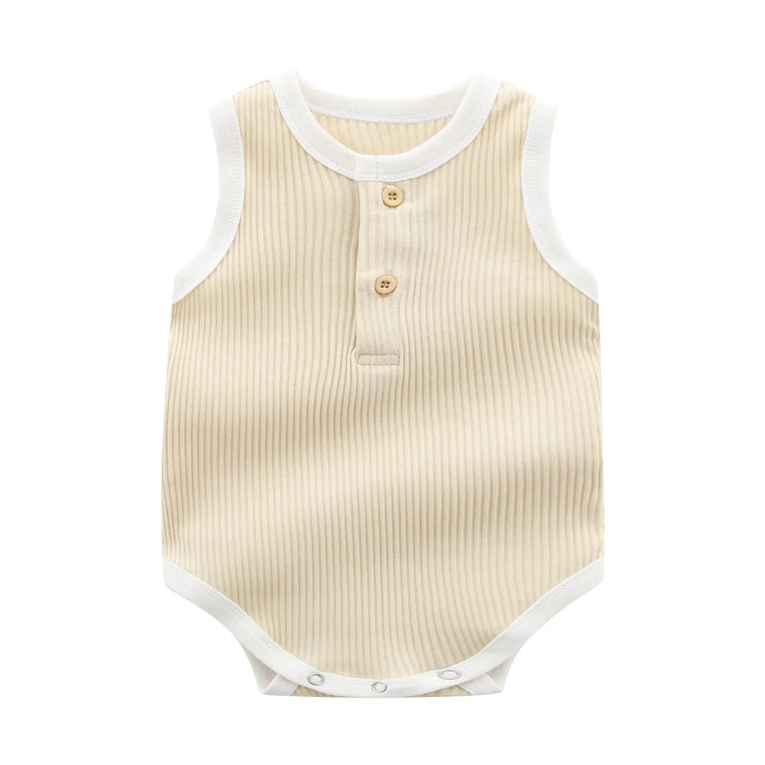 Baby Boy Solid Color Neck Buttoned Design Sleeveless Round Collar bodysuit MyKids-USA