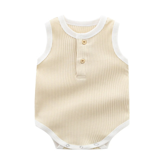 Baby Boy Solid Color Neck Buttoned Design Sleeveless Round Collar bodysuit MyKids-USA