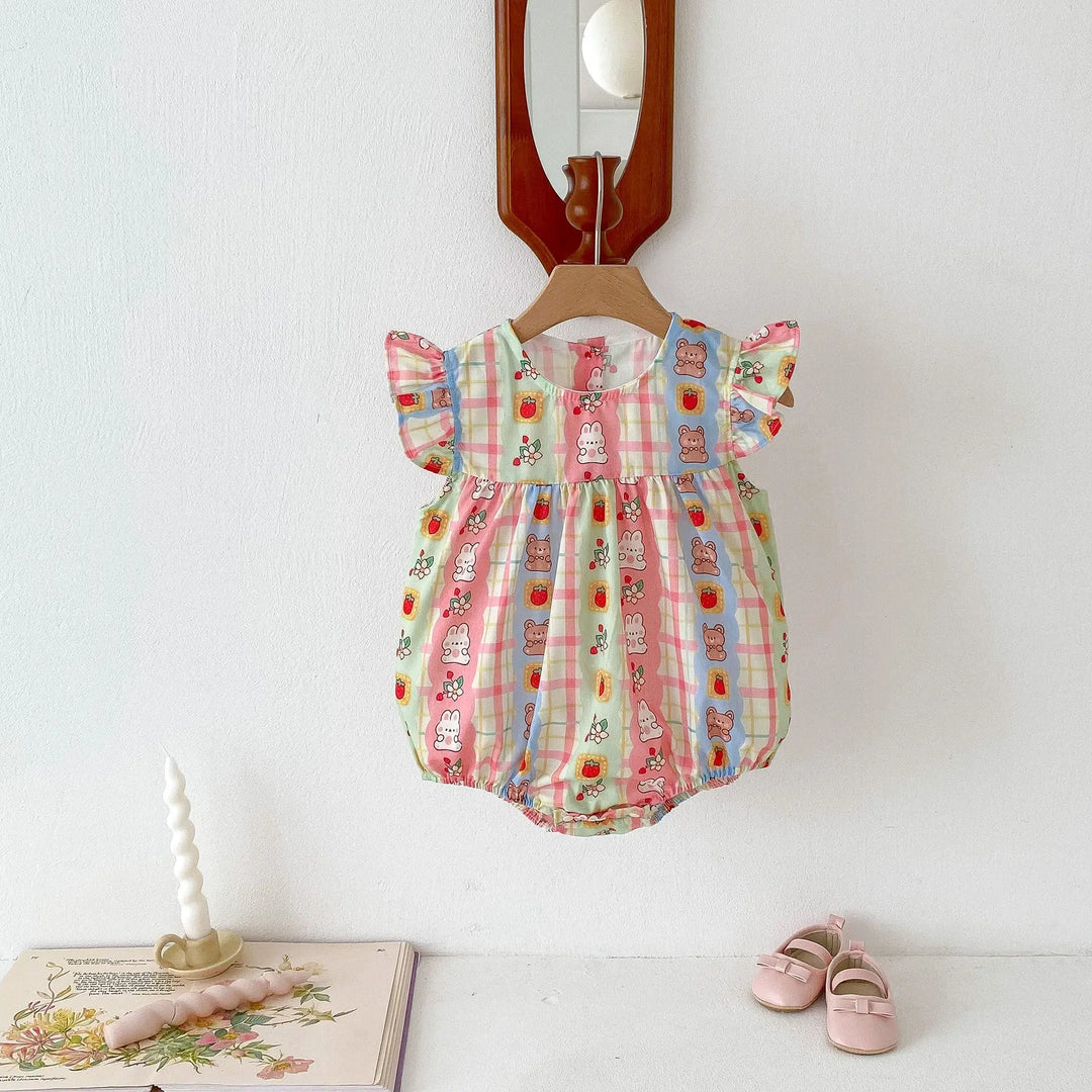 Summer Arrival Baby Girls Rabbits Print Plaid Fly Sleeves Crew Neck bodysuit MyKids-USA