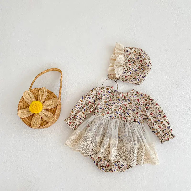 Spring/Autumn Baby Girls Floral And Fruits Print Lace Mesh Princess bodysuit Dress MyKids-USA