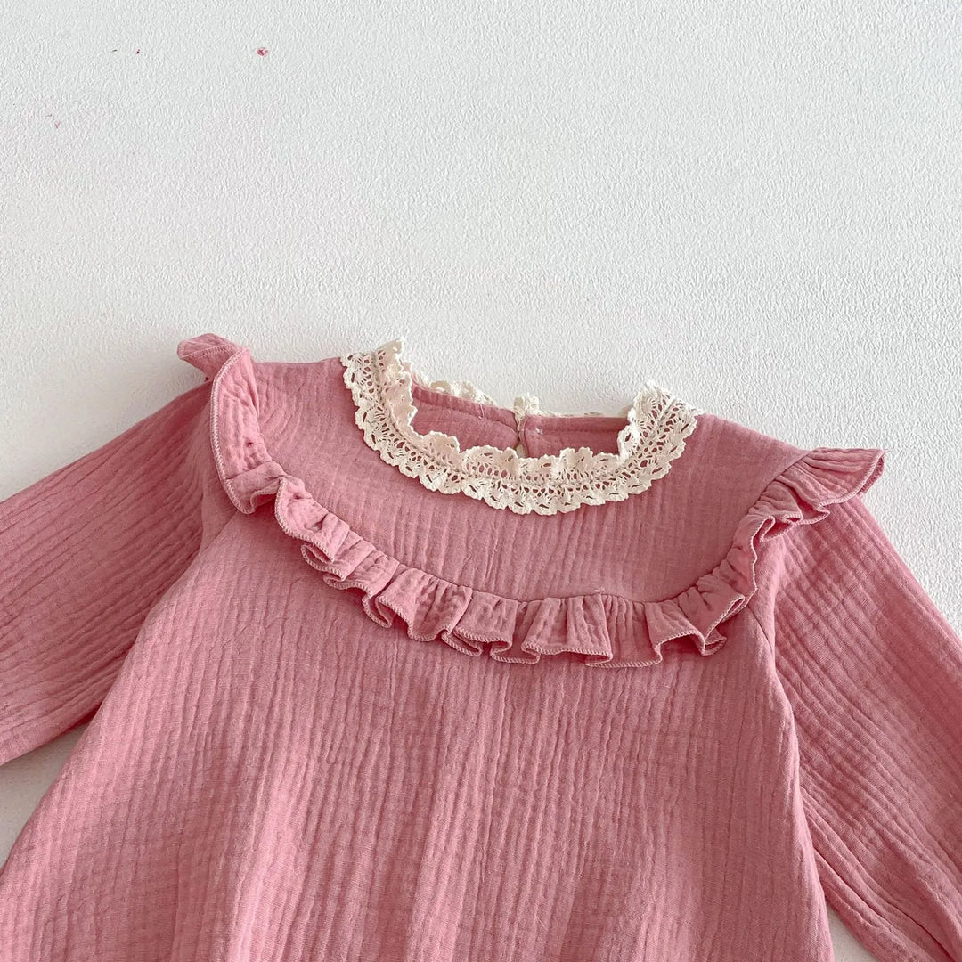 Spring Arrival Baby Girls Long Sleeves Pink Lace Trim Bodysuit MyKids-USA