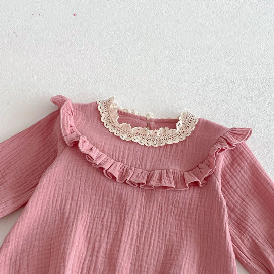 Spring Arrival Baby Girls Long Sleeves Pink Lace Trim Bodysuit MyKids-USA