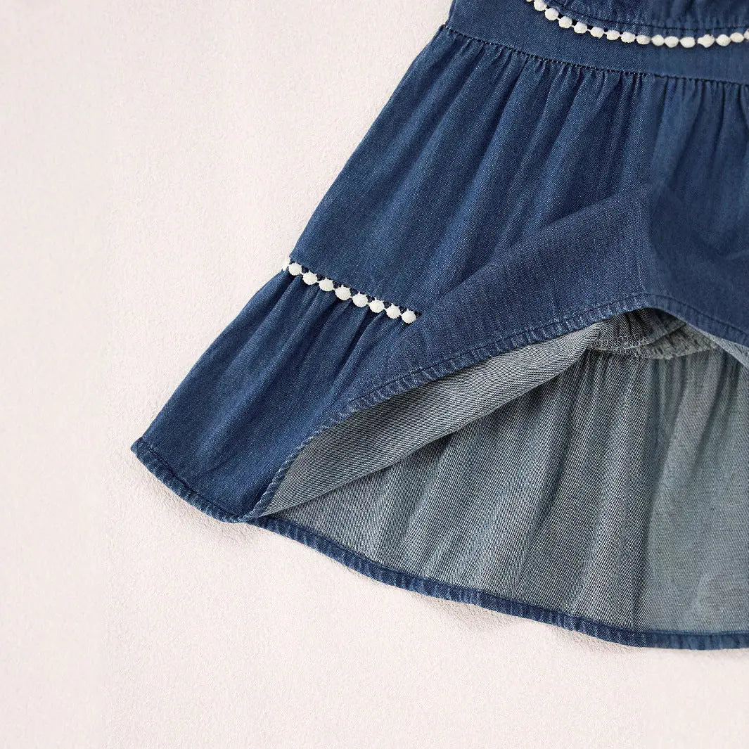 Summer Baby Kids Girls Denim Sleeveless Flowers Pattern Embroidered Dress MyKids-USA