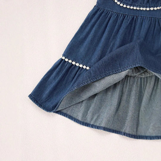 Summer Baby Kids Girls Denim Sleeveless Flowers Pattern Embroidered Dress MyKids-USA