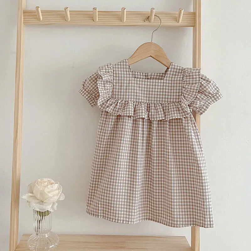 Baby Plaid Pattern Square Neck Puff Sleeves bodysuit & Dress MyKids-USA