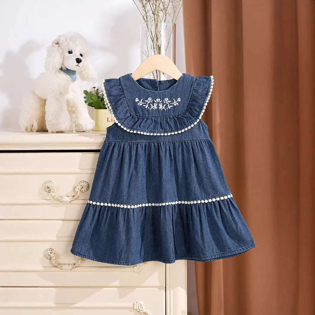 Summer Baby Kids Girls Denim Sleeveless Flowers Pattern Embroidered Dress MyKids-USA