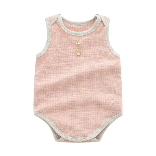 Baby Boy Solid Color Neck Buttoned Design Sleeveless Round Collar bodysuit MyKids-USA