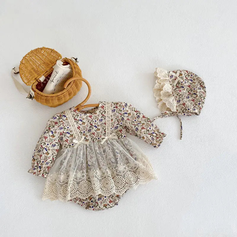 Spring/Autumn Baby Girls Floral And Fruits Print Lace Mesh Princess bodysuit Dress MyKids-USA