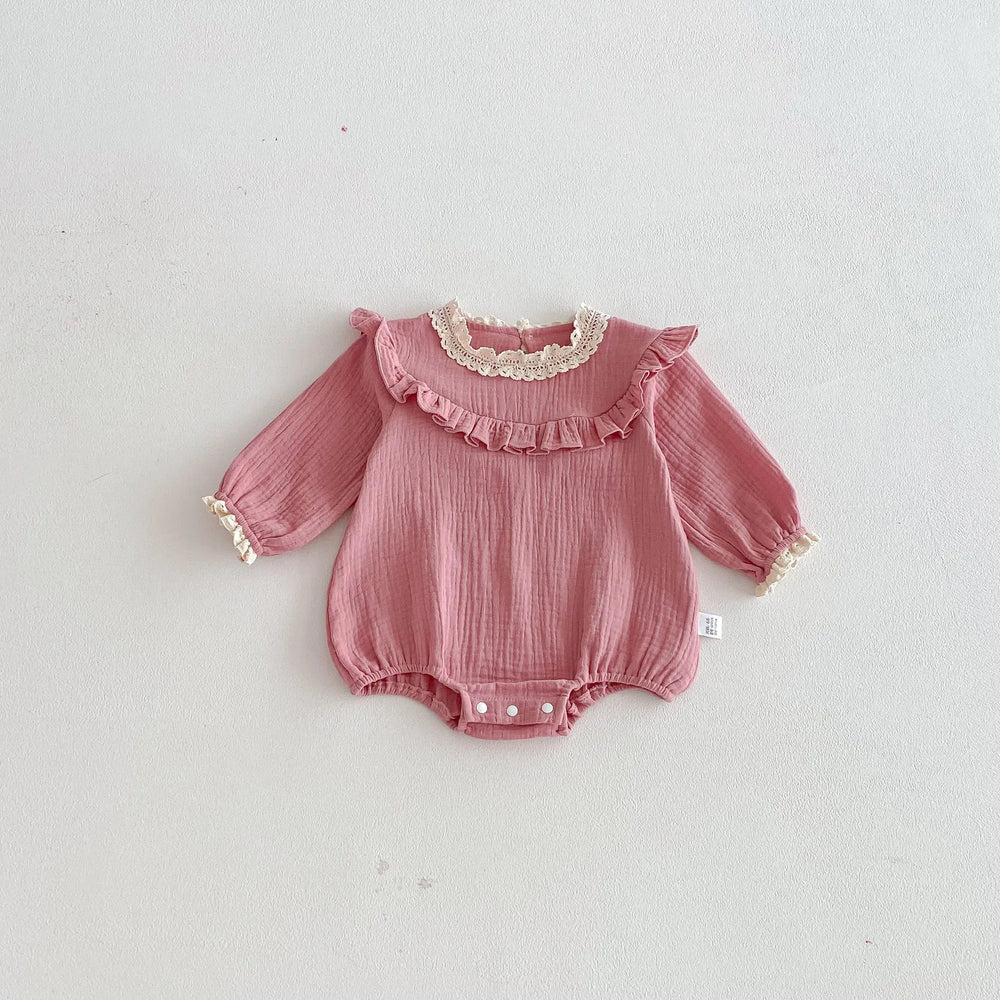 Spring Arrival Baby Girls Long Sleeves Pink Lace Trim Bodysuit MyKids-USA