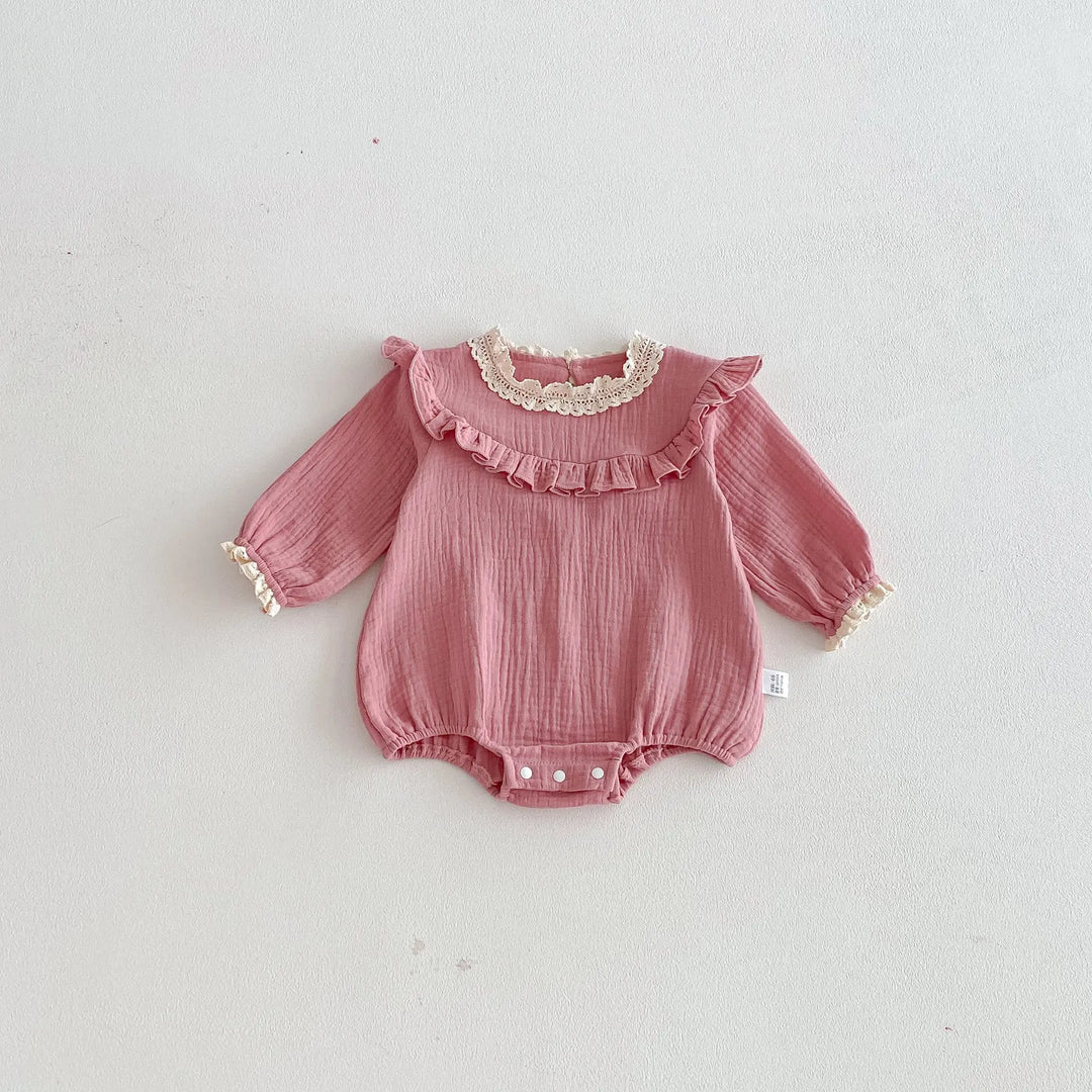 Spring Arrival Baby Girls Long Sleeves Pink Lace Trim Bodysuit MyKids-USA