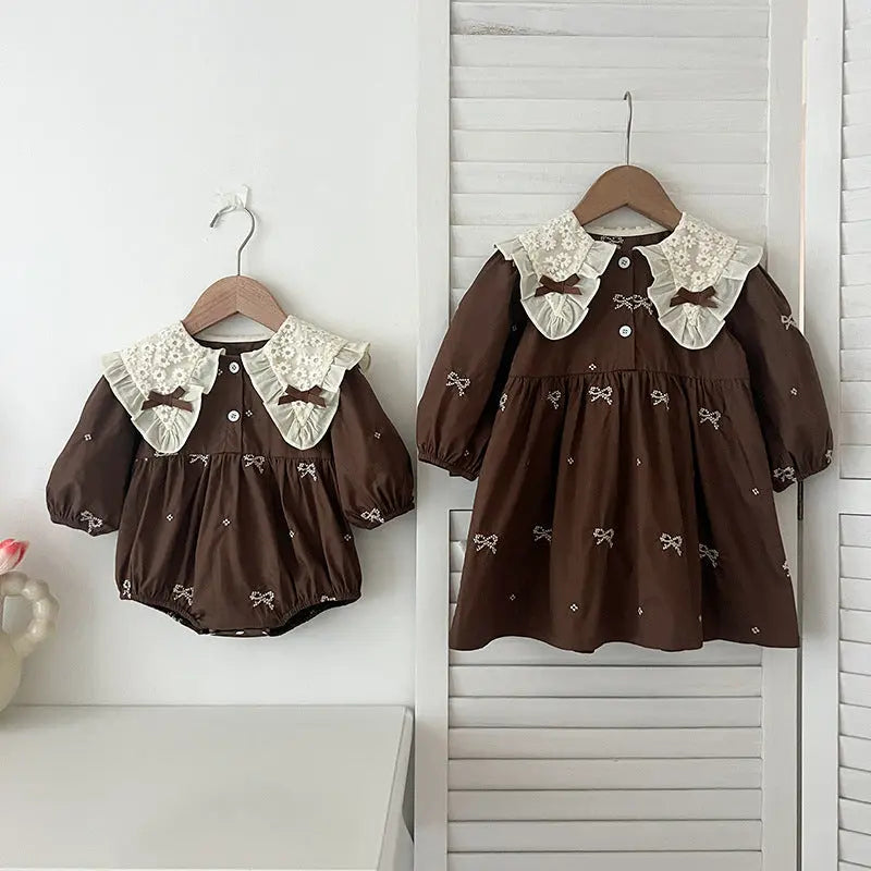 Arrival Autumn Baby Kids Girls Long Sleeves Bows Embroidery Pattern Floral Collar bodysuit and Dress – Princess Sister Matching Set MyKids-USA