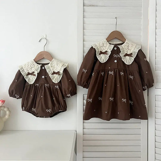 Arrival Autumn Baby Kids Girls Long Sleeves Bows Embroidery Pattern Floral Collar bodysuit and Dress – Princess Sister Matching Set MyKids-USA
