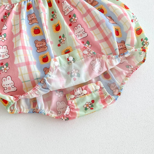 Summer Arrival Baby Girls Rabbits Print Plaid Fly Sleeves Crew Neck bodysuit MyKids-USA