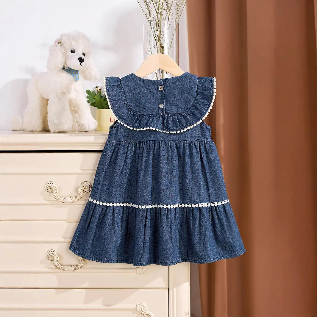 Summer Baby Kids Girls Denim Sleeveless Flowers Pattern Embroidered Dress MyKids-USA