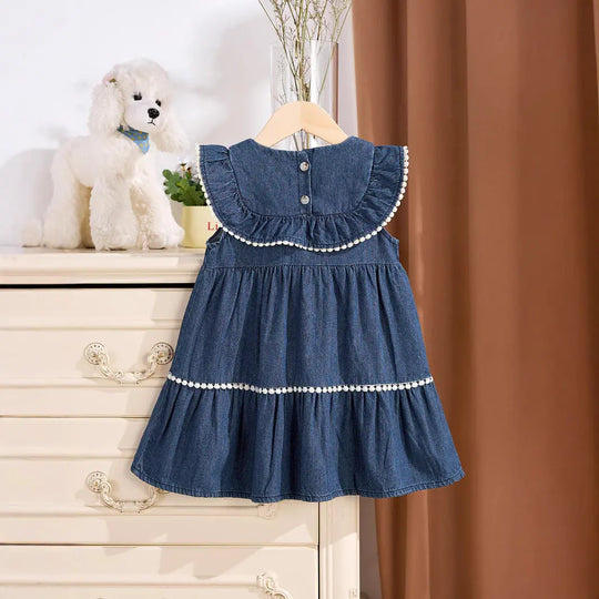 Summer Baby Kids Girls Denim Sleeveless Flowers Pattern Embroidered Dress MyKids-USA