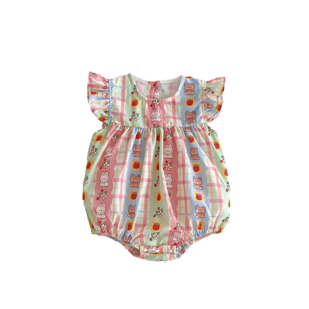 Summer Arrival Baby Girls Rabbits Print Plaid Fly Sleeves Crew Neck bodysuit MyKids-USA