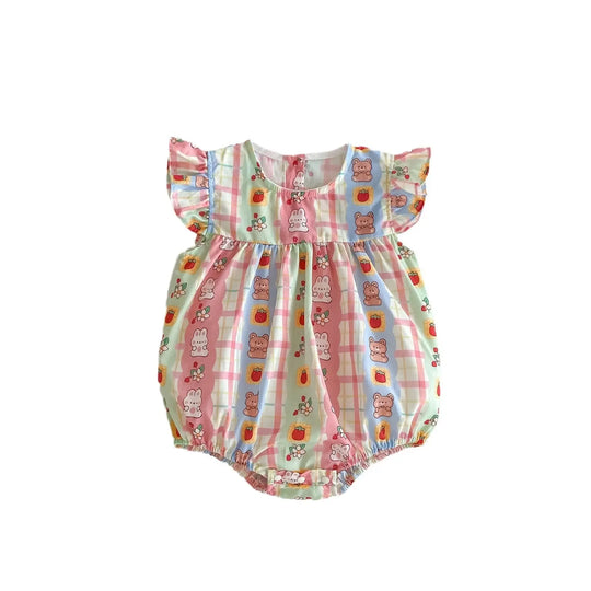 Summer Arrival Baby Girls Rabbits Print Plaid Fly Sleeves Crew Neck bodysuit MyKids-USA