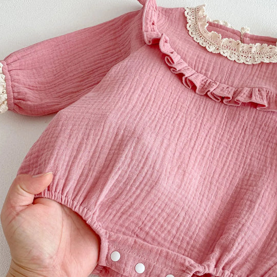 Spring Arrival Baby Girls Long Sleeves Pink Lace Trim Bodysuit MyKids-USA