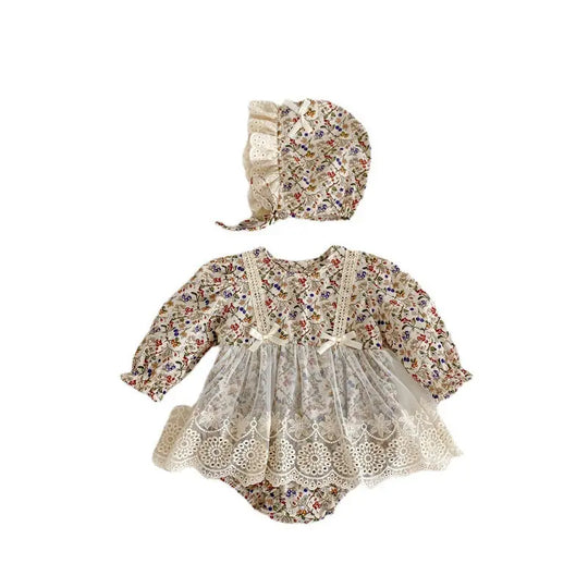 Spring/Autumn Baby Girls Floral And Fruits Print Lace Mesh Princess bodysuit Dress MyKids-USA
