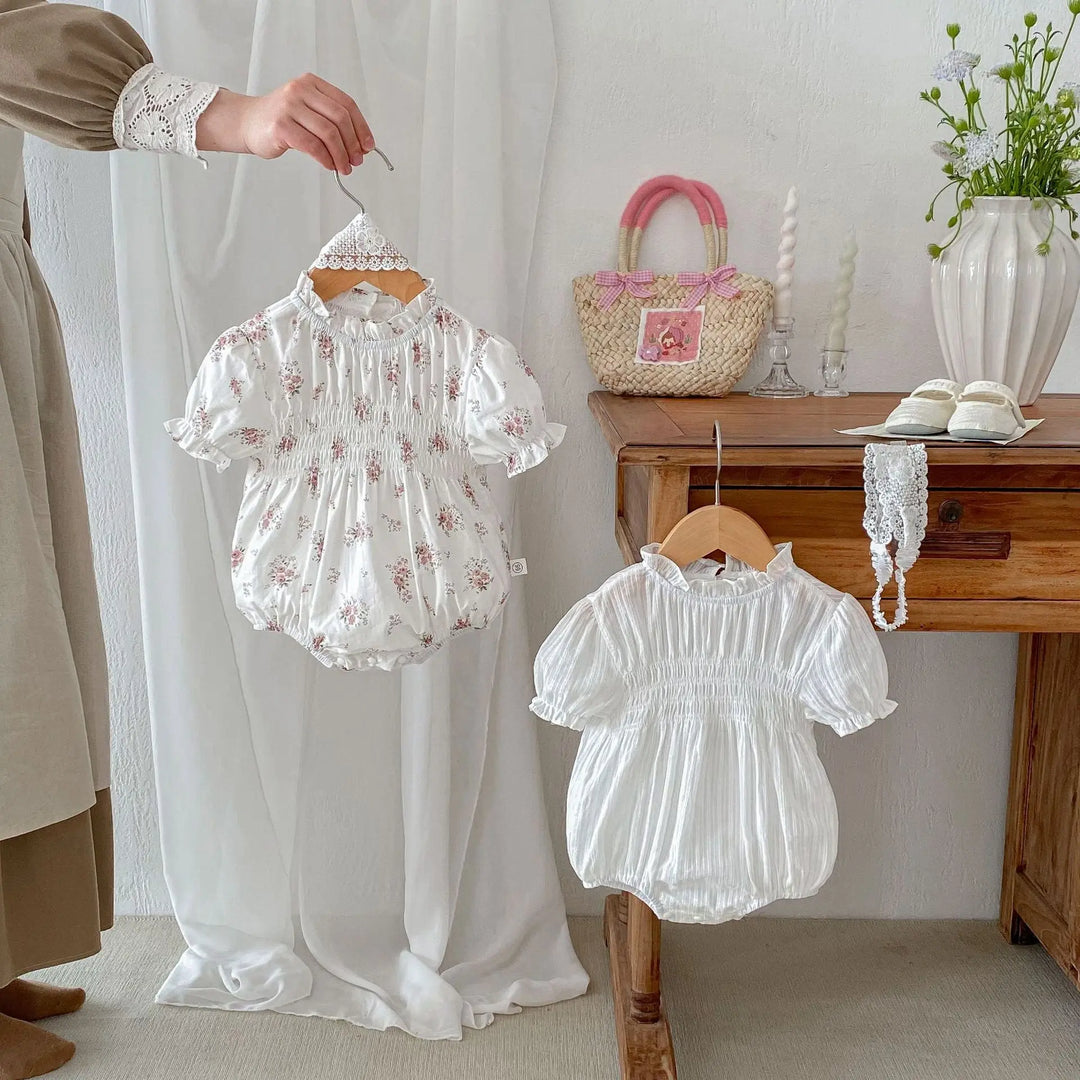 Summer Arrival Baby Girls Floral/Solid Color Short Sleeves Ruffle Neck Cute bodysuit MyKids-USA