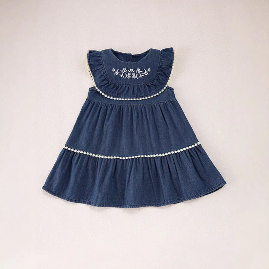 Summer Baby Kids Girls Denim Sleeveless Flowers Pattern Embroidered Dress MyKids-USA